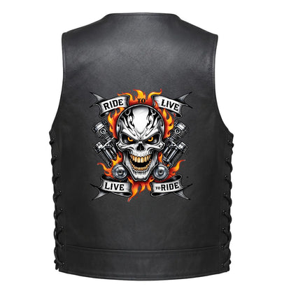 A skull with flaming guns pistons and banners reading &