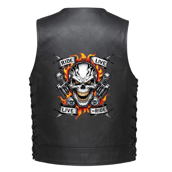 A skull with flaming guns pistons and banners reading &