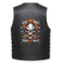 A skull with flaming guns pistons and banners reading &