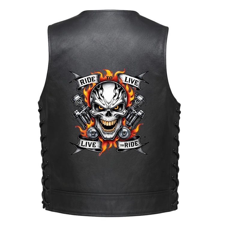 A skull with flaming guns pistons and banners reading &