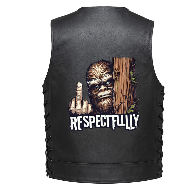 Bigfoot making a middle finger gesture next to a tree trunk with the word &