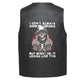 Leather Vest - A skeleton wearing a cap with red splatter details Middle Fingers and white text that reads &