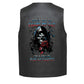 Leather Vest - A gothic grim reaper graphic with a skull hood red rose and distressed text that reads &