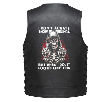 Leather Vest - A skeleton wearing a cap with red splatter details Middle Fingers and white text that reads &