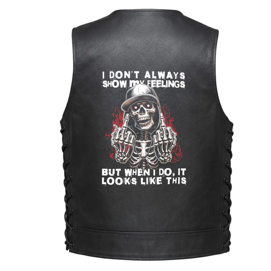 Leather Vest - A skeleton wearing a cap with red splatter details Middle Fingers and white text that reads &