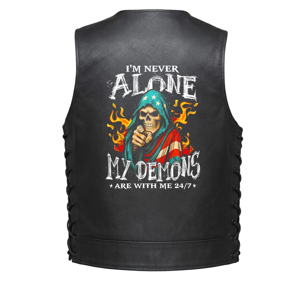 A skull in a red white and blue hood surrounded by flames with the text &