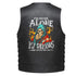 A skull in a red white and blue hood surrounded by flames with the text &