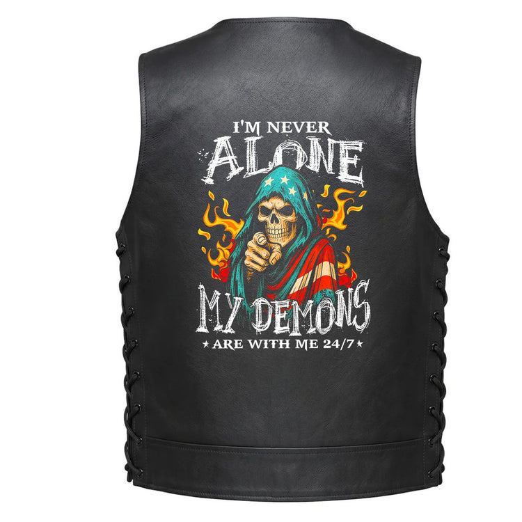 A skull in a red white and blue hood surrounded by flames with the text &