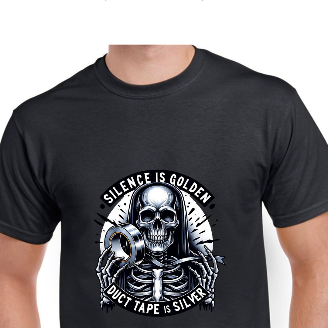A skeleton in a hood holding a silver Duct Tape, with the text &