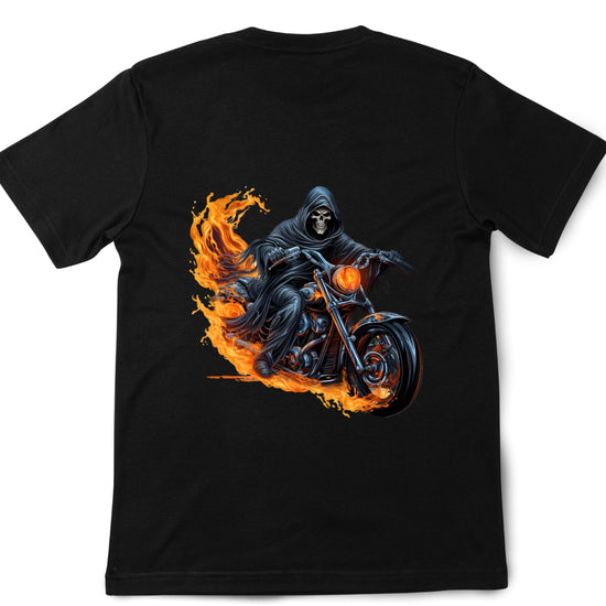  A hooded grim reaper riding a motorcycle engulfed in flames.