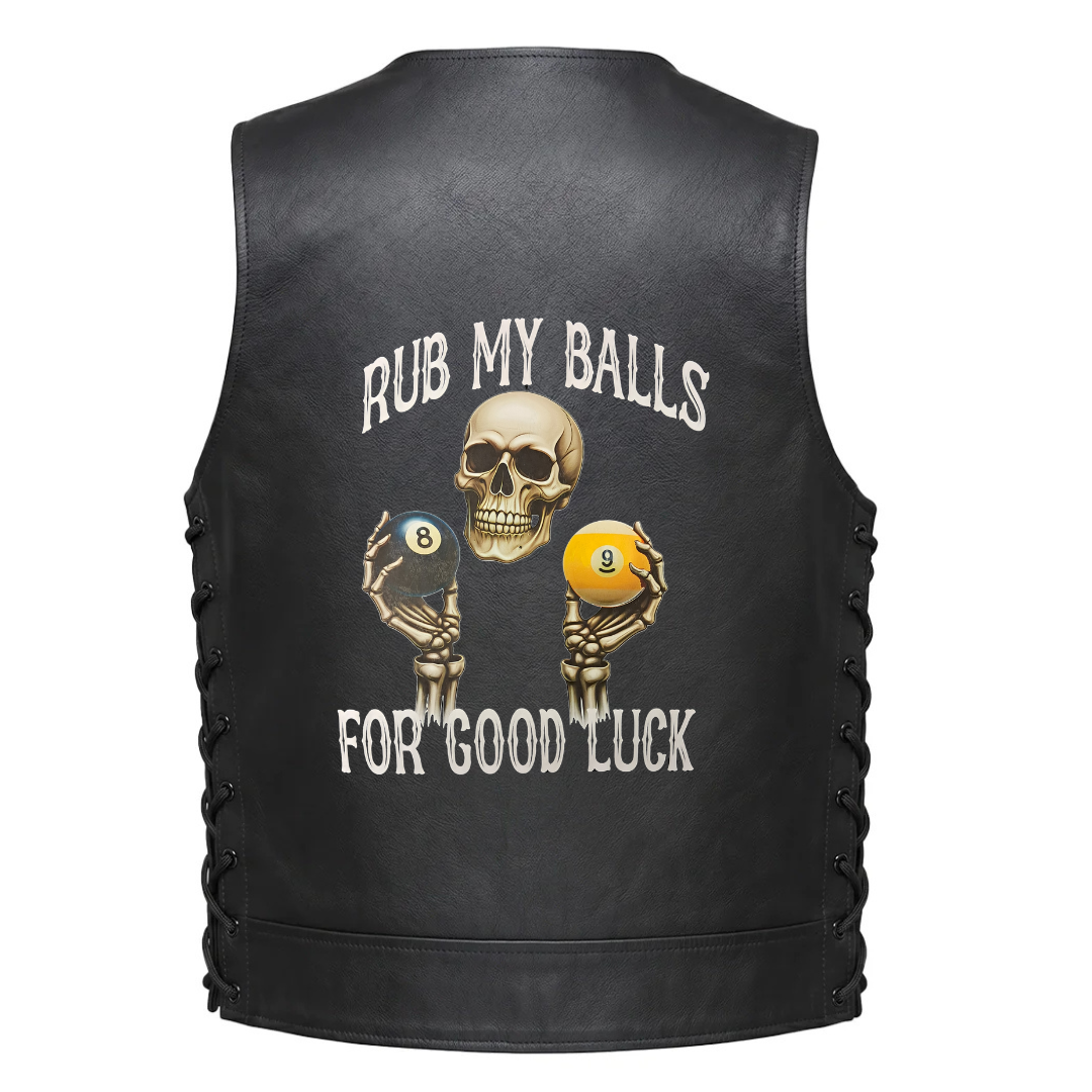 A skull and skeletal hands holding billiard balls with the text &
