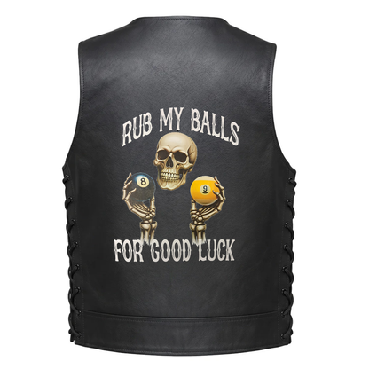 A skull and skeletal hands holding billiard balls with the text &