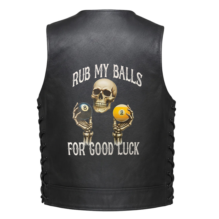 A skull and skeletal hands holding billiard balls with the text &