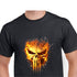 A skull Face engulfed in bright orange and yellow flames 