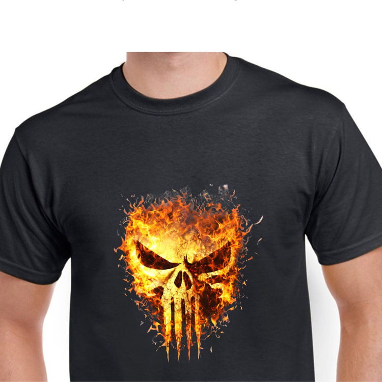 A skull Face engulfed in bright orange and yellow flames 