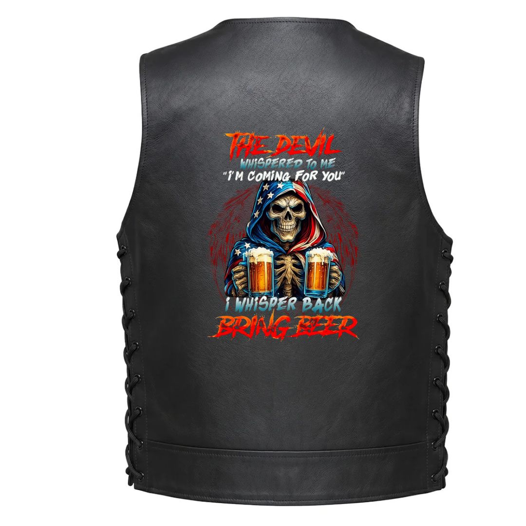 A hooded skeleton holding two beer mugs with the text &