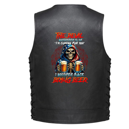 A hooded skeleton holding two beer mugs with the text &