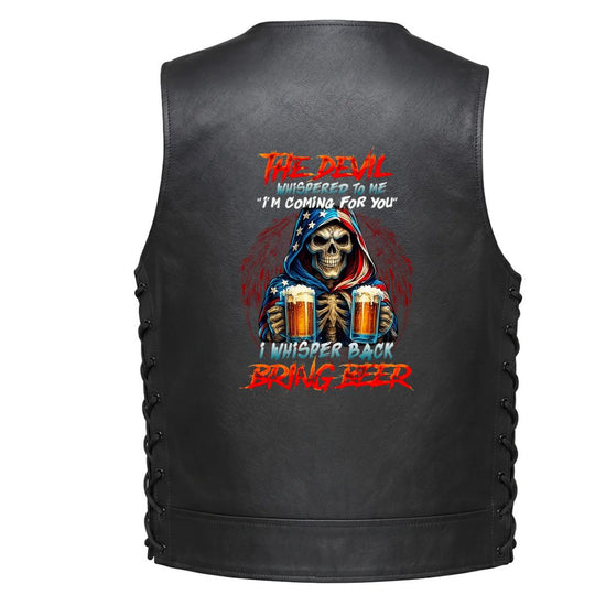 A hooded skeleton holding two beer mugs with the text &