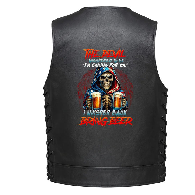 A hooded skeleton holding two beer mugs with the text &
