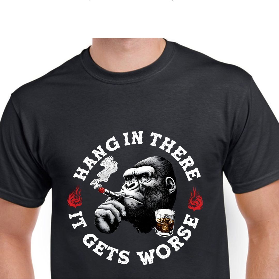 Gorilla smoking a cigar and holding a glass of whiskey, surrounded by the text &