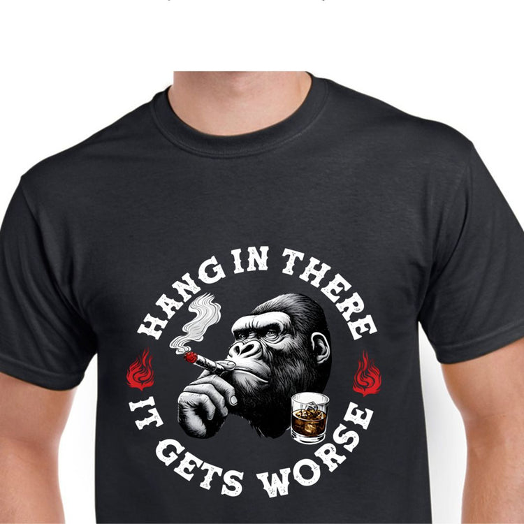 Gorilla smoking a cigar and holding a glass of whiskey, surrounded by the text &