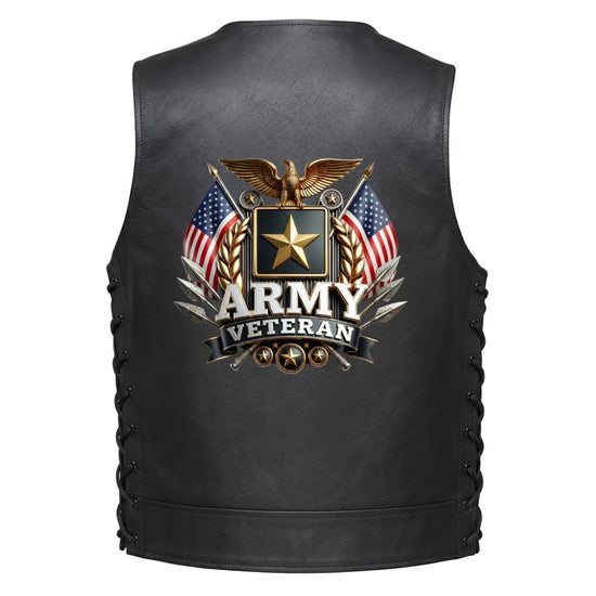 Leather Vest - U.S. ARMY VETERAN. Army Eagle, Star, and Flag Emblem