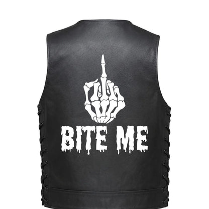 Leather Vest - Bite Me - Skeleton Middle-Finger Gesture