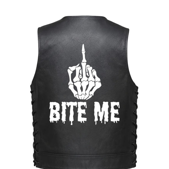 Leather Vest - Bite Me - Skeleton Middle-Finger Gesture