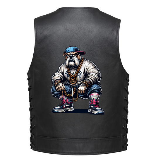 Leather Vest - Hip Hop Street-Style Pit Bull with Gold Chain