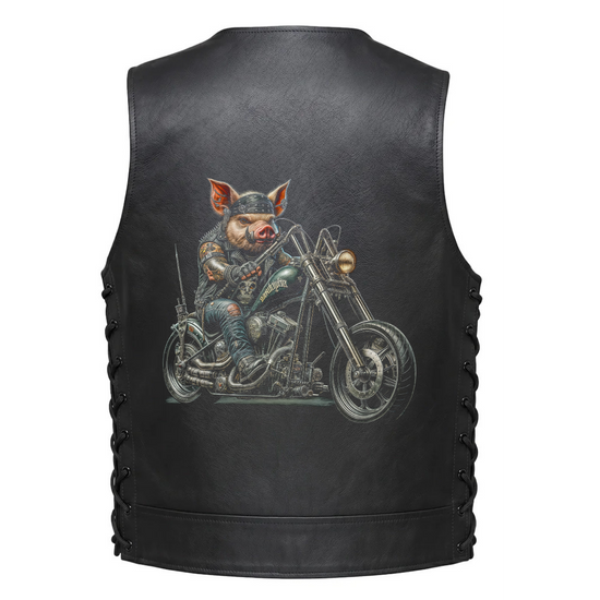 Leather Vest - Biker Hog Riding a Chopper Motorcycle