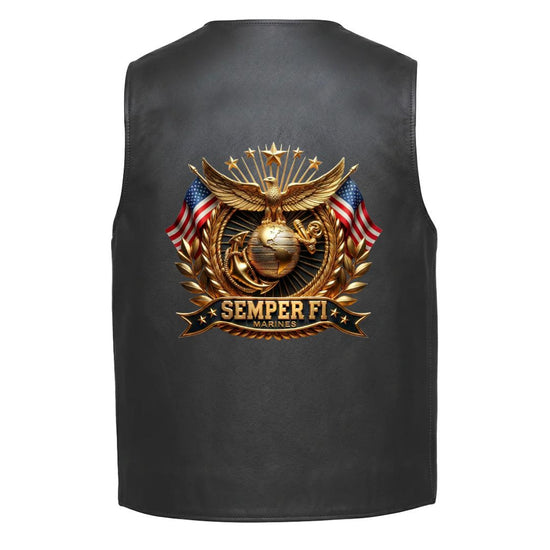 Leather Vest - Semper Fi U.S. Marines Eagle, Globe, and Anchor