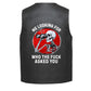 Leather Vest - A skeleton with binoculars inside a red circle and the text &